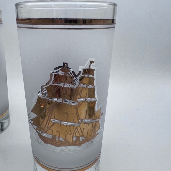 FROSTED Ships GLASSES (6) Gold NAUTICAL SAIL BOAT bar 5-1/2” tall - Picture 7 of 8